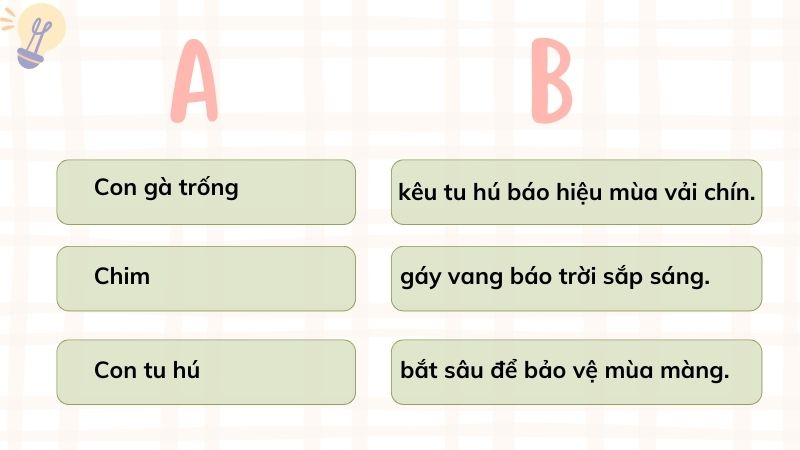 Câu 1: Kết hợp từ ngữ ở cột A với từ ngữ ở cột B để tạo câu nêu hoạt động