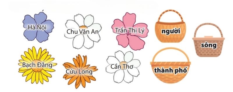 Câu 1: Xếp các từ trong bông hoa và nhóm thích hợp.