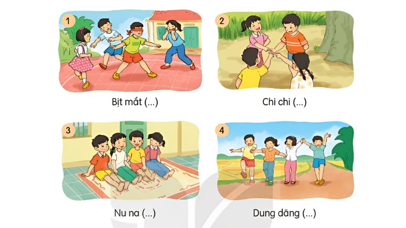 Câu 2: Dựa vào tranh và gợi ý dưới tranh, nói tên các trò chơi dân gian