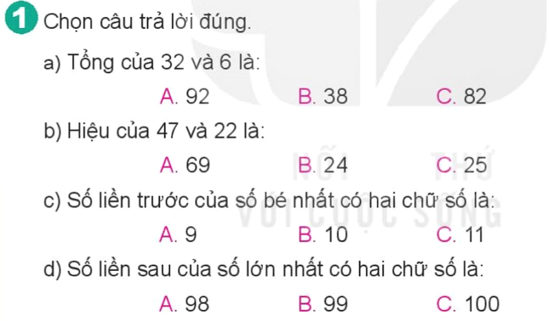 Bài số 6: Giải luyện tập câu 1 trang 24 SGK Toán 2 tập 1