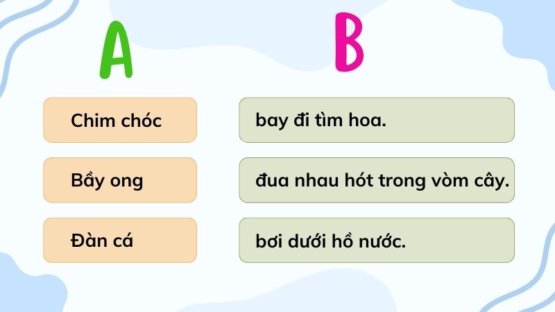 Câu 3: Ghép từ ngữ ở cột A với từ ngữ ở cột B để tạo câu. Chép lại các câu đó.