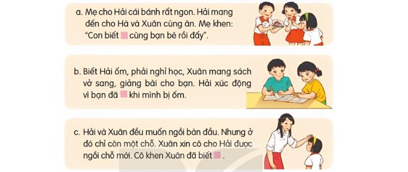 Câu 2: Chọn từ ngữ chỉ hoạt động đã tìm được ở bài tập 1 thay cho ô vuông.