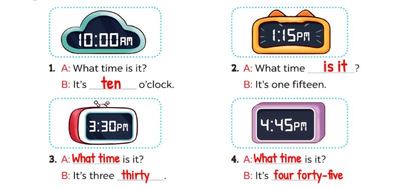 Look, complete and read Lesson 1 Unit 2: Time and daily routines answer