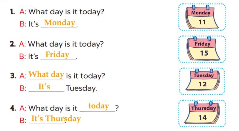 Look, complete and read Lesson 1 Unit 3: My week answer