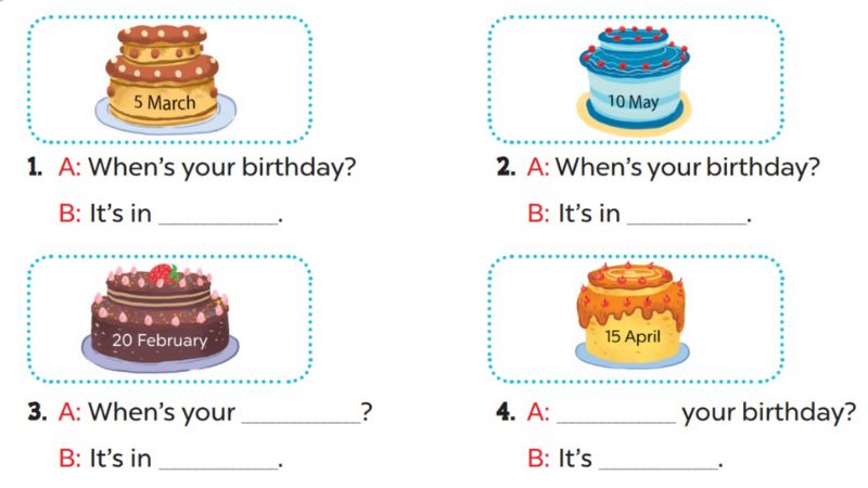 Look, complete and read Lesson 1 Unit 4: My birthday party