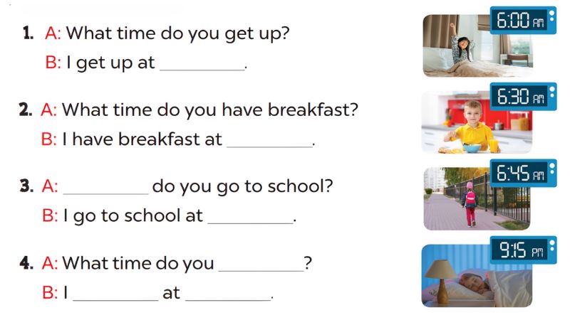 Look, complete and read Lesson 2 Unit 2: Time and daily routines