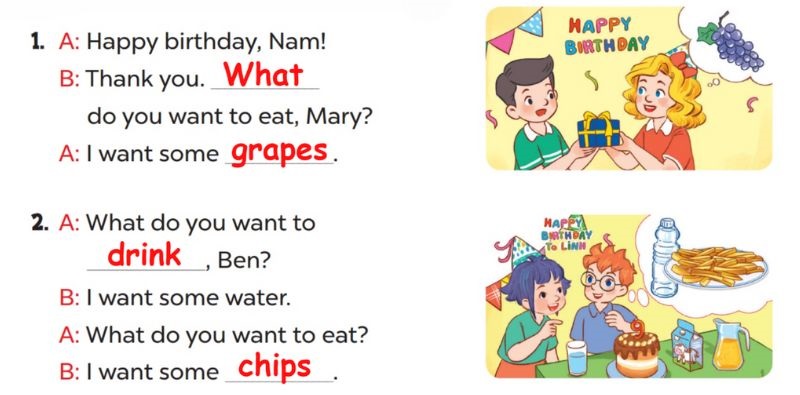 Look, complete and read Lesson 2 Unit 4: My birthday party answer