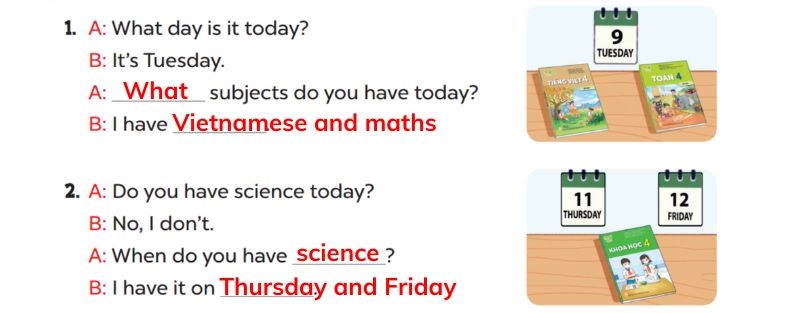 Look, complete and read Lesson 2 Unit 7: Our timetable answer