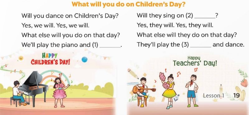 Listen, complete and sing Lesson 1 Unit 13: Our special days lớp 5