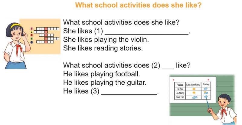 Listen, complete and sing Lesson 1 Unit 7: Our favourite school activities  lớp 5