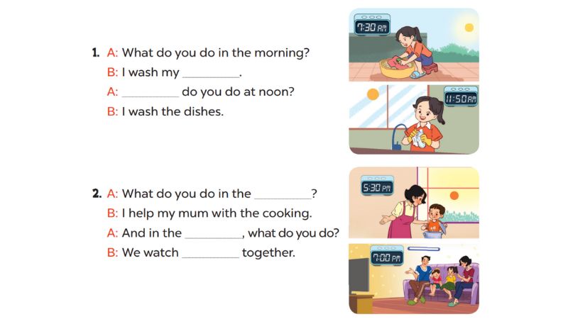 Look, complete and read Lesson 2 Unit 14: Daily activities