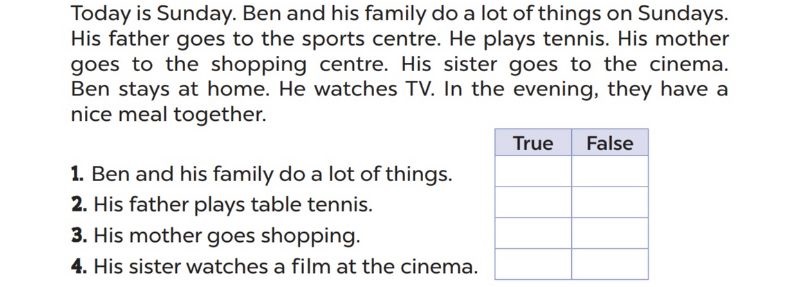 Read and tick True or False Lesson 3 Unit 15: My family's weekends