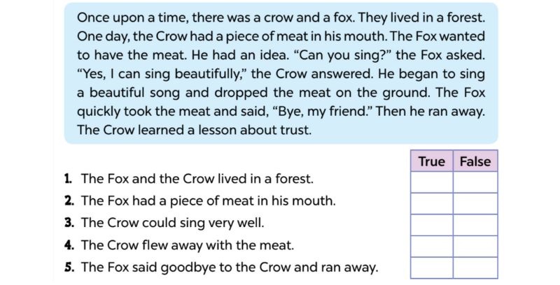 Read and tick True or False Lesson 3 Unit 17: Stories for children lớp 5