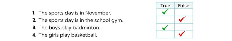 Read and tick True or False Lesson 3 Unit 9: Our sports day answer