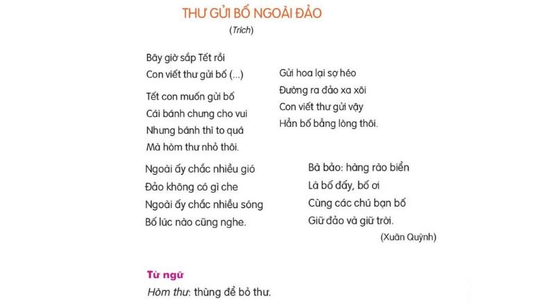 Câu 2: Đọc Bài 22: Thư gửi bố ngoài đảo trang 95 Tiếng Việt 2 tập 2 Kết nối tri thức 1