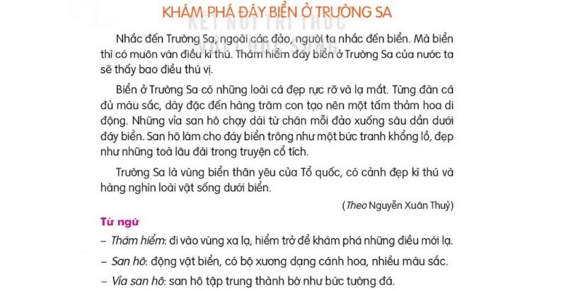 Câu 2: Đọc Bài 28: Khám phá đáy biển ở Trường Sa trang 122 Tiếng Việt 2 tập 2 Kết nối tri thức