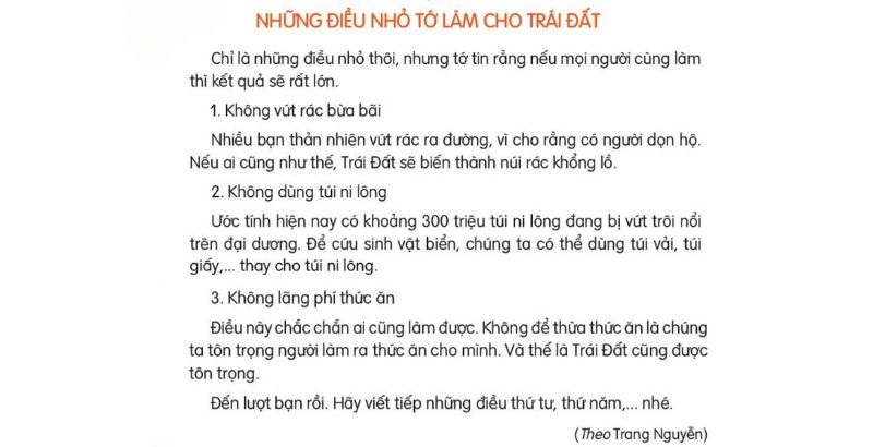 Câu 2: Đọc Bài 28: Những điều nhỏ tớ làm cho Trái Đất SGK Tiếng Việt lớp 3 Kết nối tri thức Tập 2